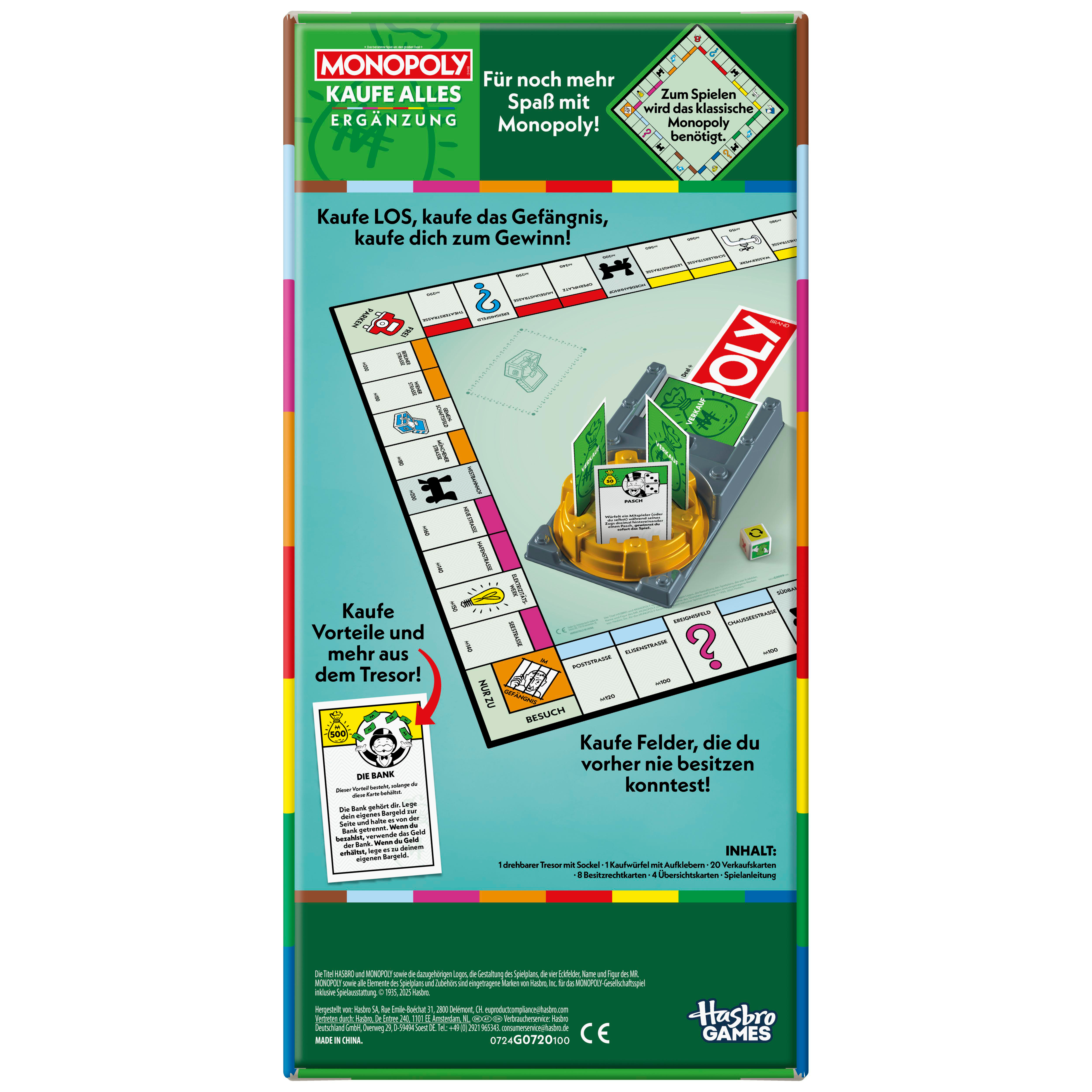 Monopoly-Spielbox. Sie zeigt das Spielbrett, Karten und Spielsteine, mit Text auf Deutsch.
