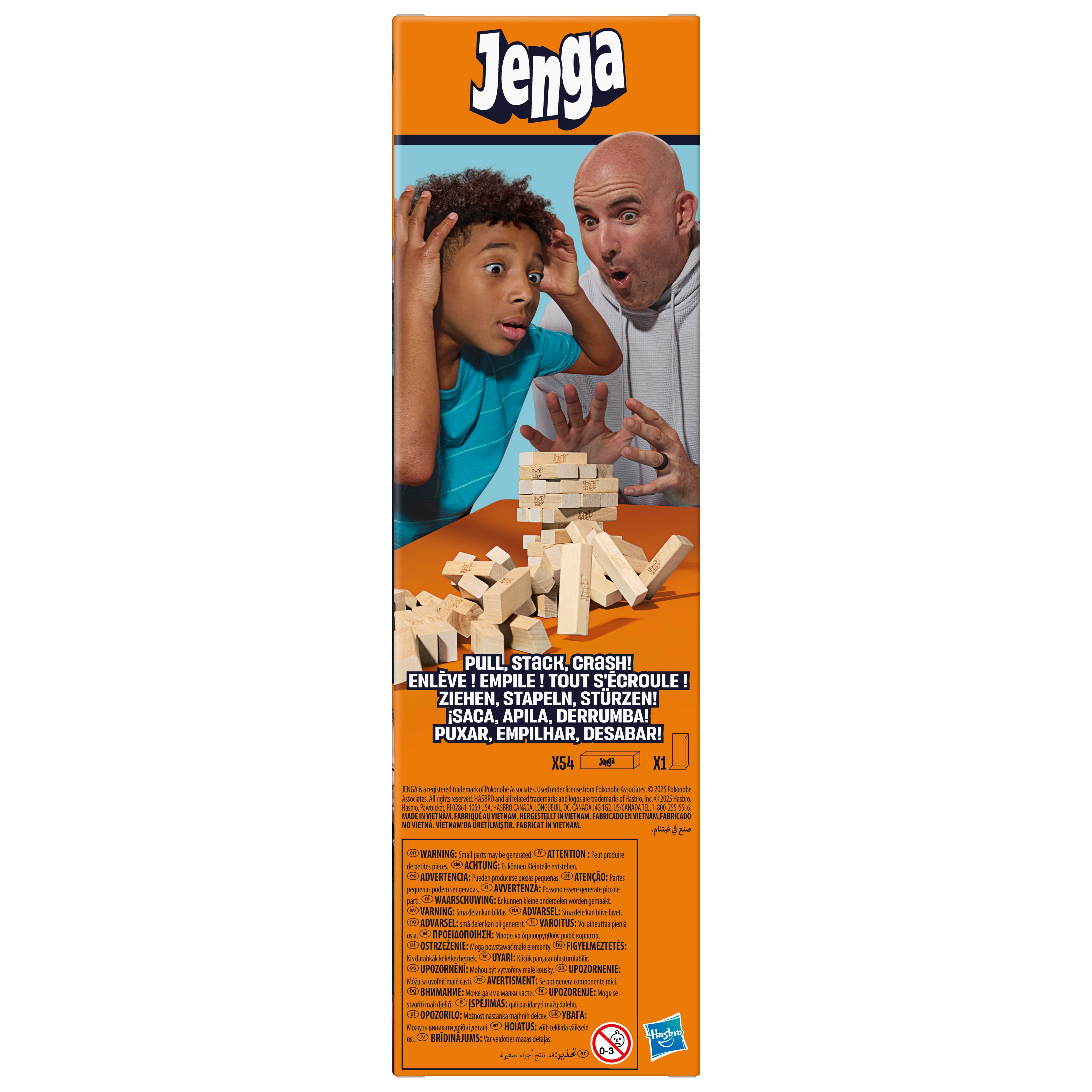 Jenga-Box, zwei Personen reagieren. Holzblöcke gestapelt. Text: 'Pull, Stack, Crash!'