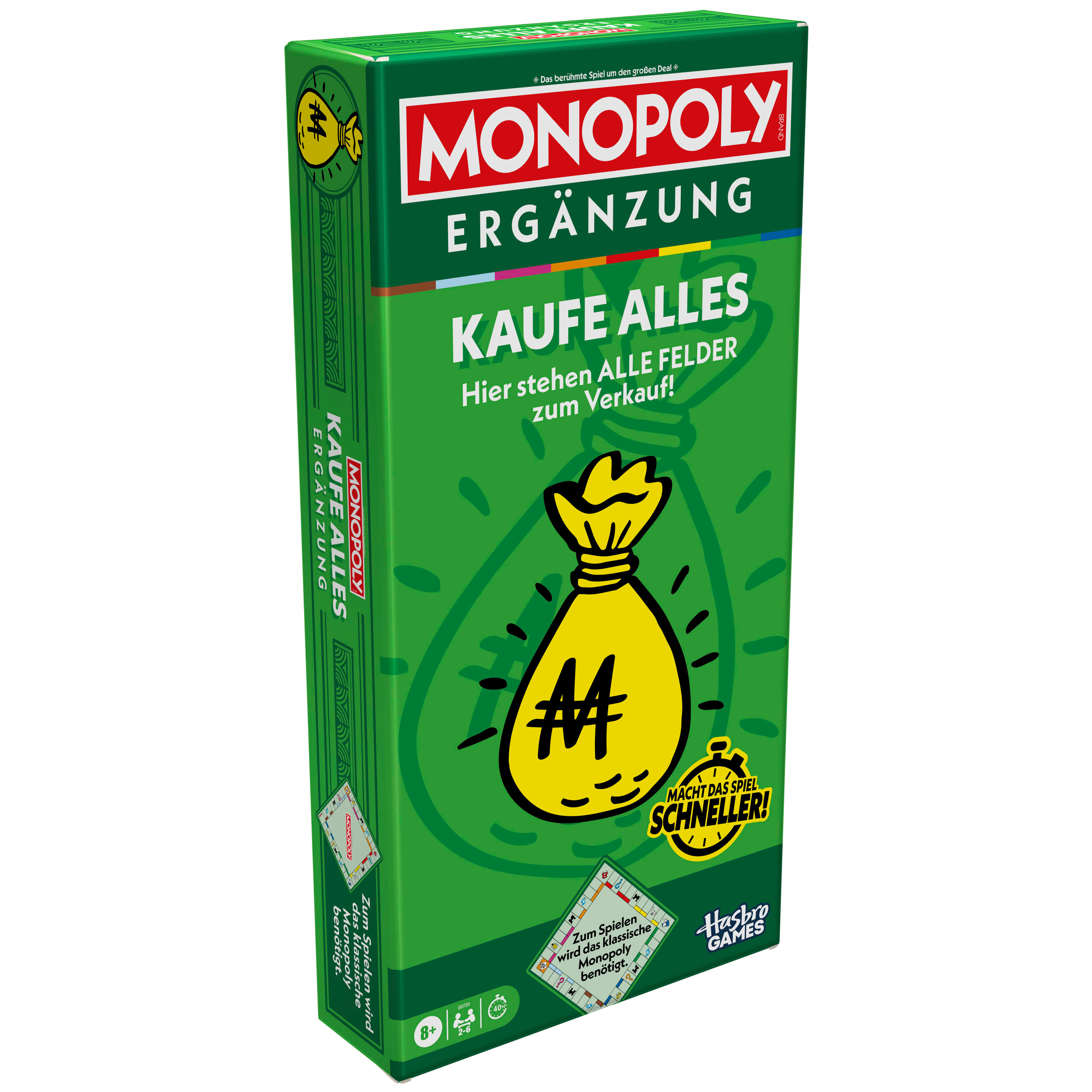 Monopoly-Brettspielbox, grün mit Text 'KAUFE ALLES'. Ein gelber Geldsack mit Dollarzeichen ist abgebildet.