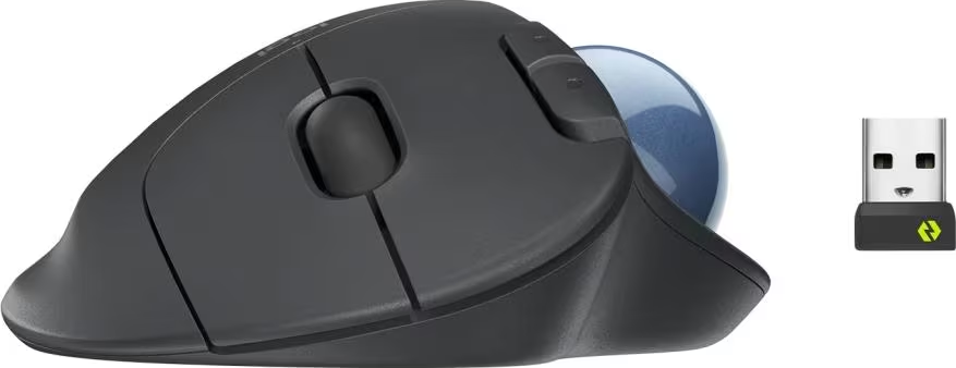 Une souris trackball gris foncé avec une boule bleue et un récepteur USB.
