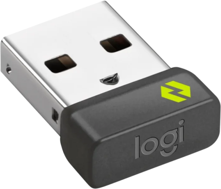 Un récepteur USB. Il possède un connecteur USB argenté et un corps gris foncé. Le logo 'logi' est visible. Un éclair vert dessus.