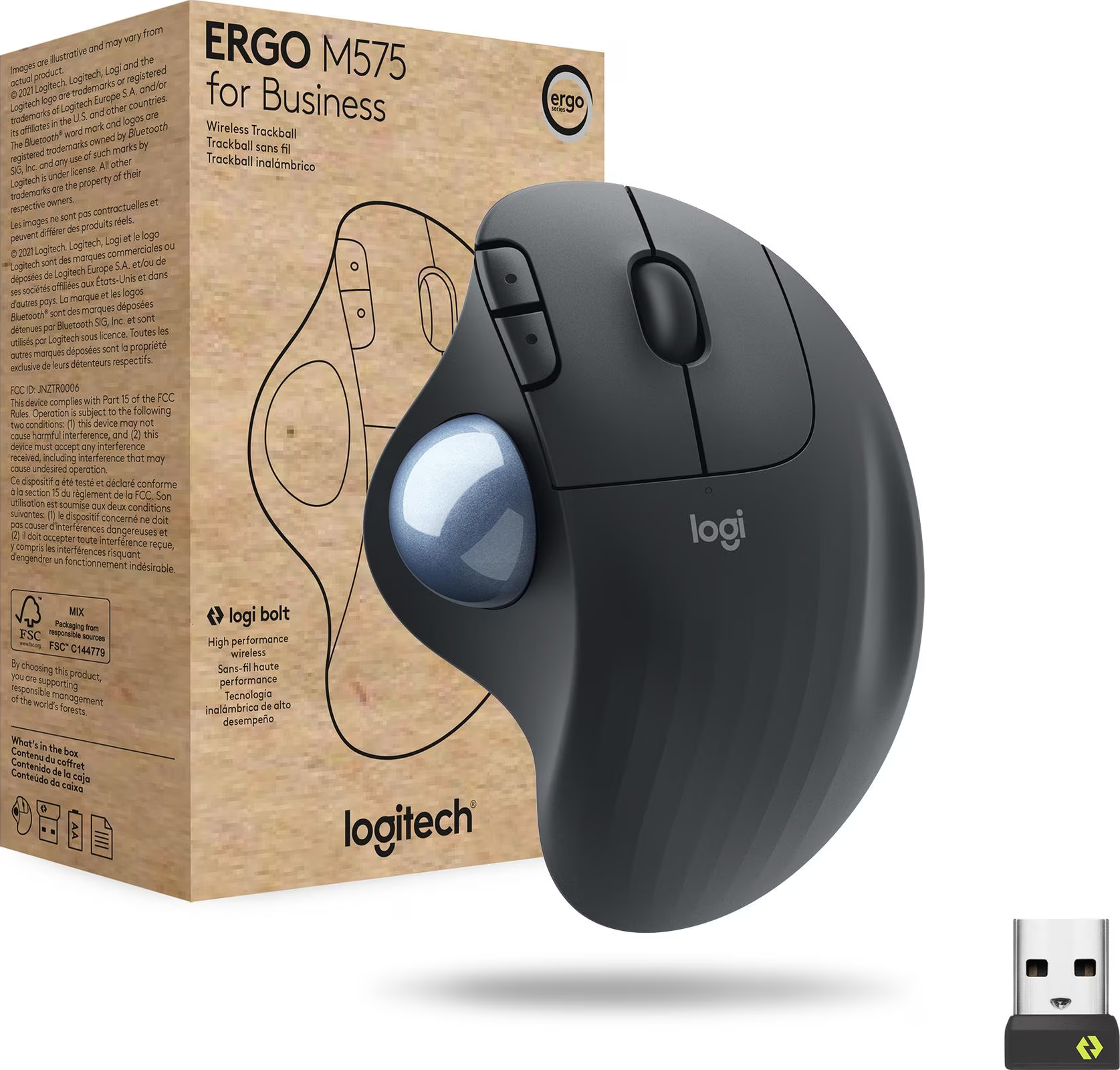 Une souris trackball Logitech Ergo M575 sur une boîte. La souris est noire avec une boule bleue.
