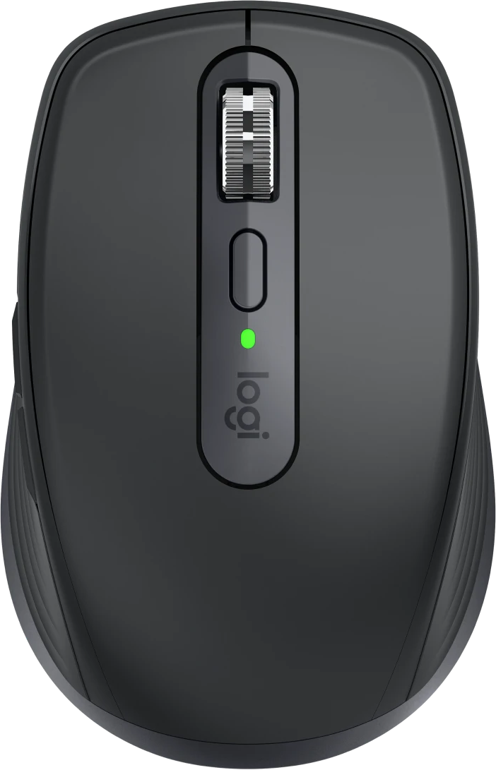Vue de dessus d'une souris Logitech noire. Comprend une molette, un bouton et une LED verte. Le logo est visible.