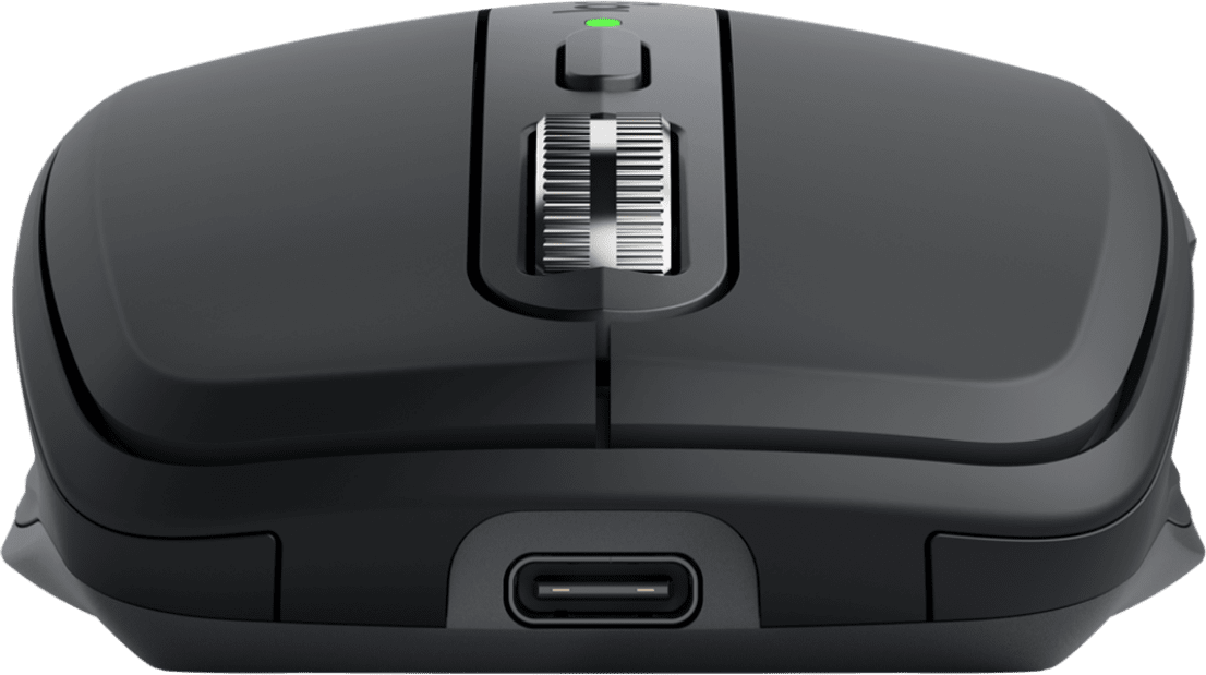 Gros plan sur une souris d'ordinateur noire. Comprend une molette, un bouton d'alimentation et un port USB-C. Design élégant et moderne.
