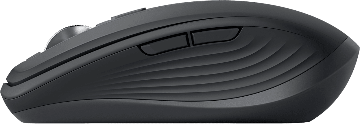 Une souris d'ordinateur noire avec deux boutons et une molette de défilement. La souris a un design texturé pour l'adhérence.