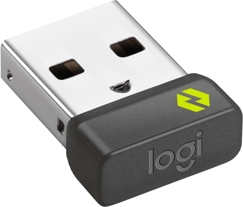 Un connecteur USB argenté avec un boîtier en plastique noir. Le boîtier porte un logo vert et jaune et le mot 'logi'.