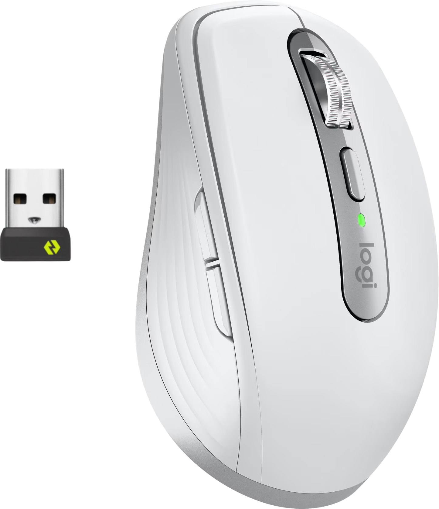 Souris sans fil blanche avec récepteur USB. La souris a une molette, des boutons latéraux et un voyant vert.