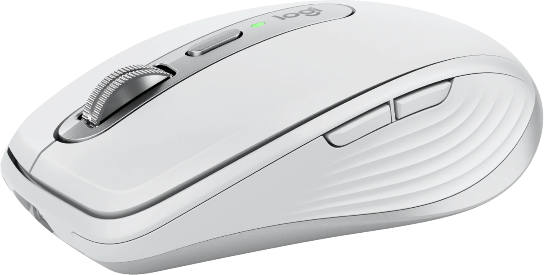 Une souris Logitech blanche avec des accents argentés. Elle possède une molette, des boutons et une lumière verte.