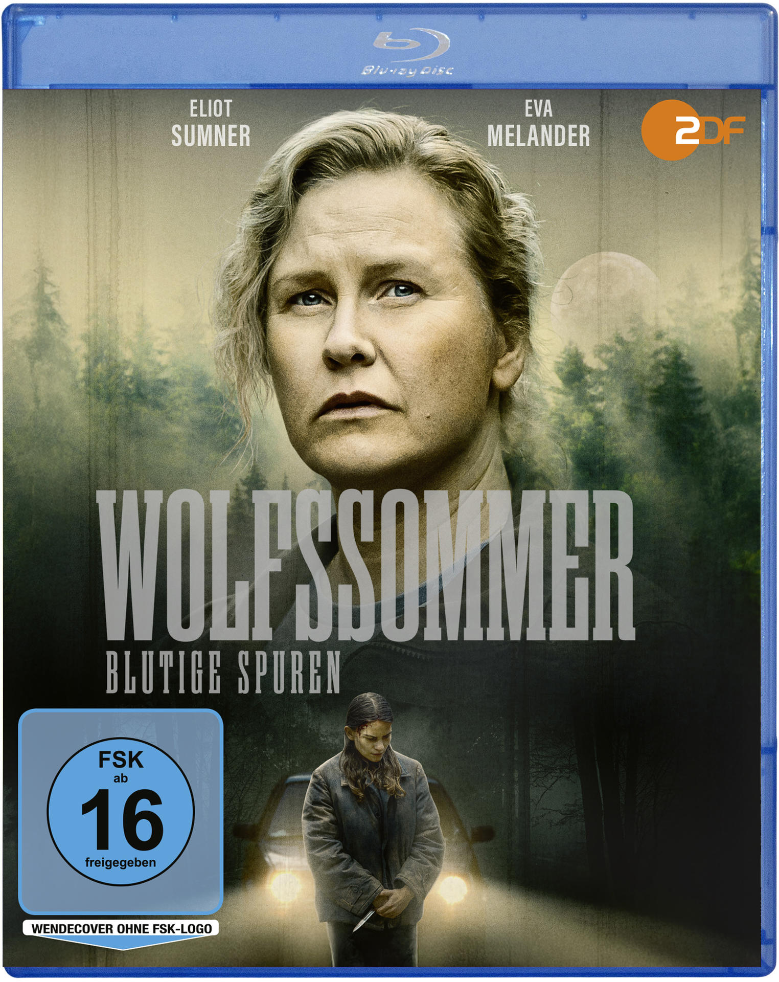 Filmcover mit Frauengesicht, Titel „Wolfssommer“ und Frau mit Messer. Blu-ray-Label mit Altersfreigabe 16.