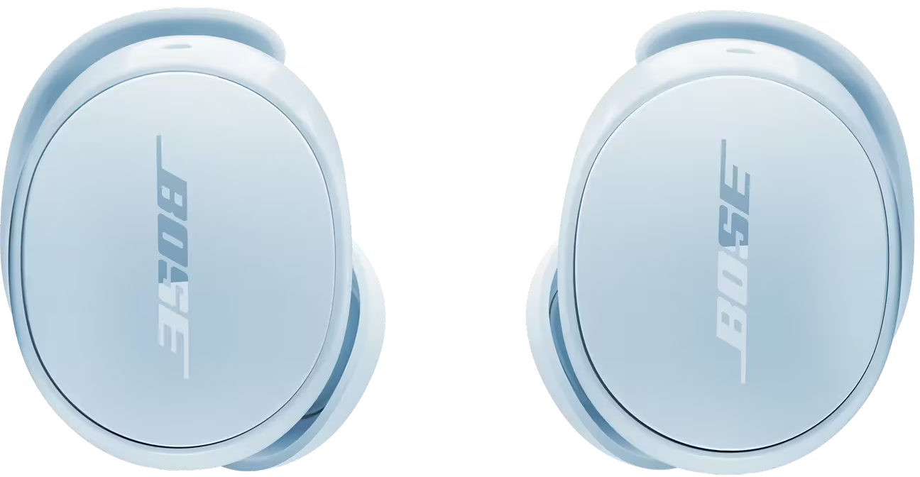 Due auricolari Bose blu chiaro. Ogni auricolare ha il logo Bose. Lo sfondo è nero.