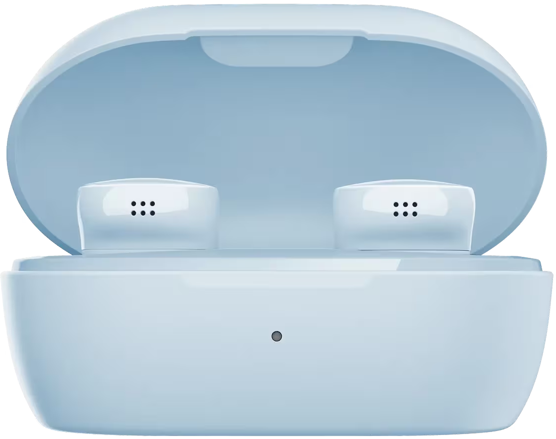 Custodia per auricolari azzurra aperta con due auricolari all'interno. La custodia è aperta, mostrando gli auricolari e l'area di ricarica.