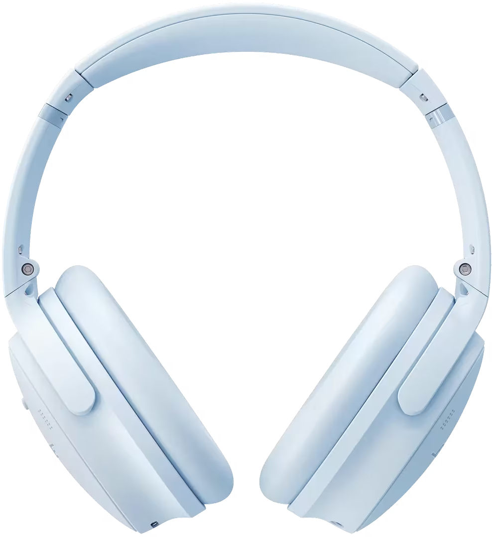 Casque audio bleu clair, avec bandeau et écouteurs réglables, sur fond noir. Les écouteurs sont de forme ovale.