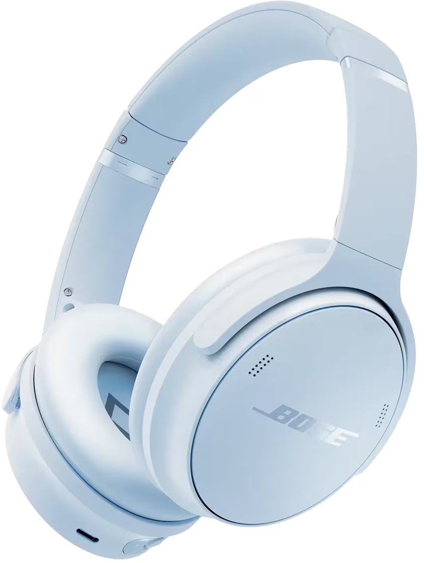 Casque antibruit Bose bleu clair sur fond noir. Le casque est de type supra-auriculaire avec le logo Bose sur les oreillettes.