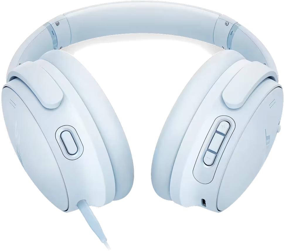 Casque audio bleu clair sur fond noir. Il possède un bandeau et des écouteurs. Des boutons et un port sont visibles sur le côté.