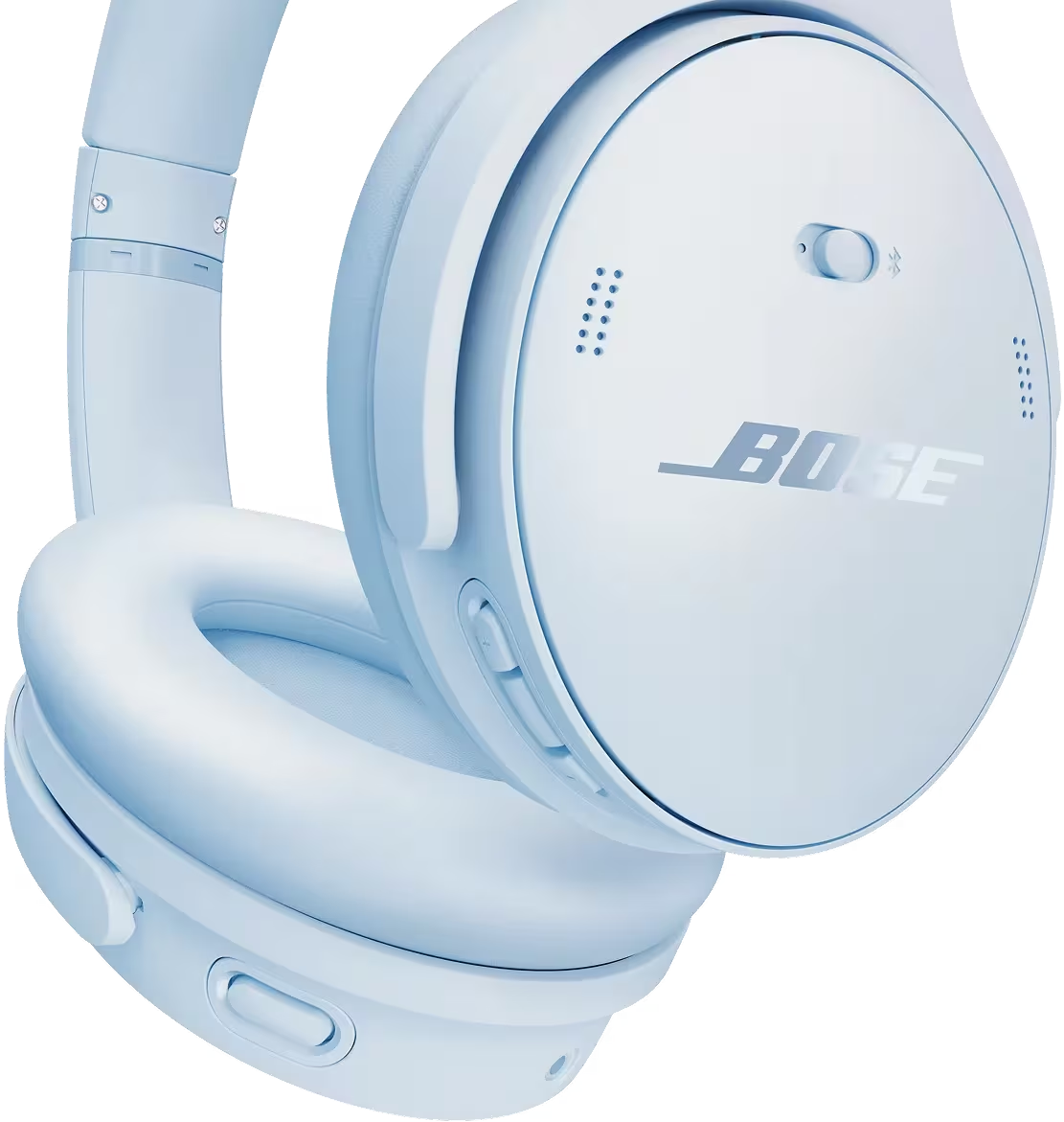 Casque Bose bleu clair. Les écouteurs sont grands et ronds, avec le logo Bose visible. L'arceau est courbé et réglable.