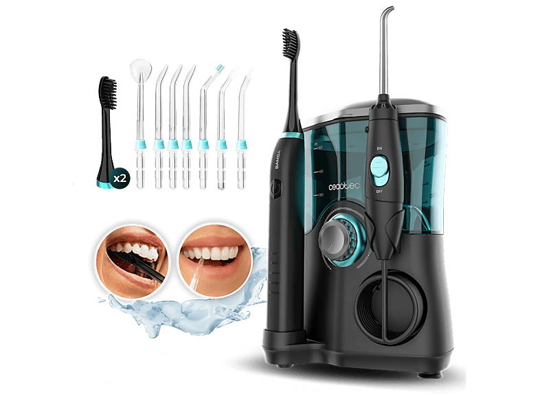 Centro de higiene dental - Cecotec ToothCare Jet Clean, Tecnología sónica, 600ml capacidad, 10 niveles presión, 7 cabezales, Cepillo eléctrico, Negro