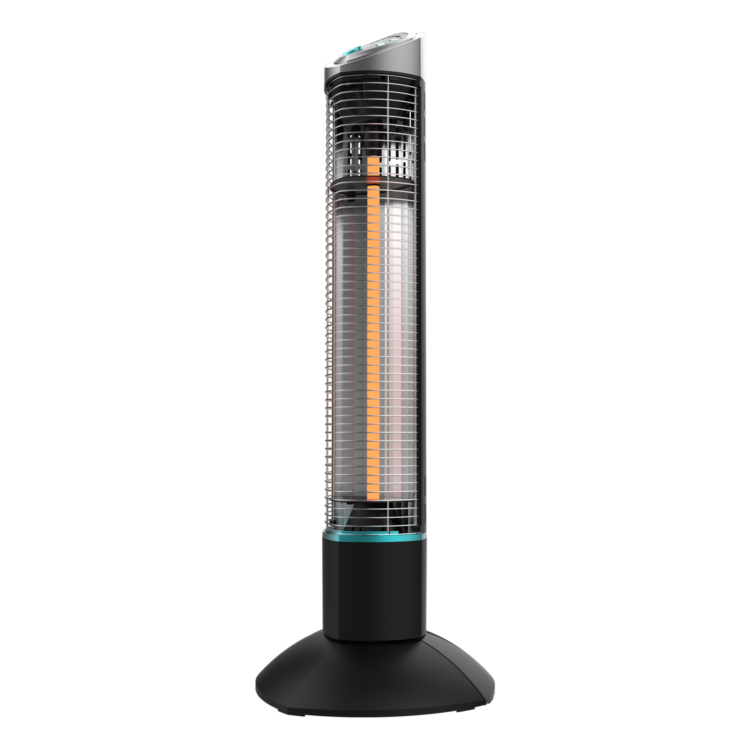 Un calentador eléctrico alto, negro y plateado con base redonda. Tiene un elemento calefactor vertical y una rejilla protectora.