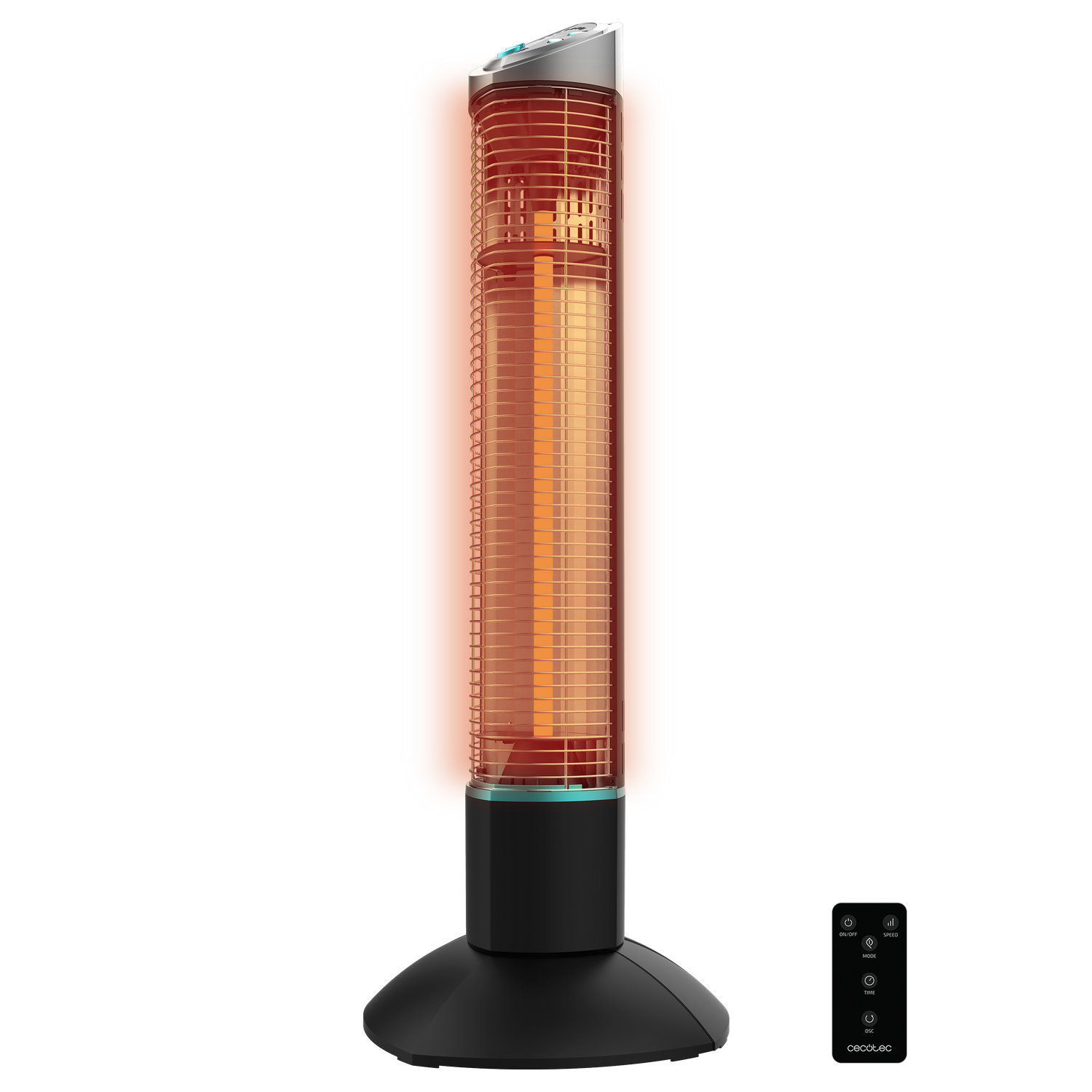 Un calentador eléctrico alto, negro y plateado con un elemento calefactor naranja y un mando a distancia sobre fondo gris.