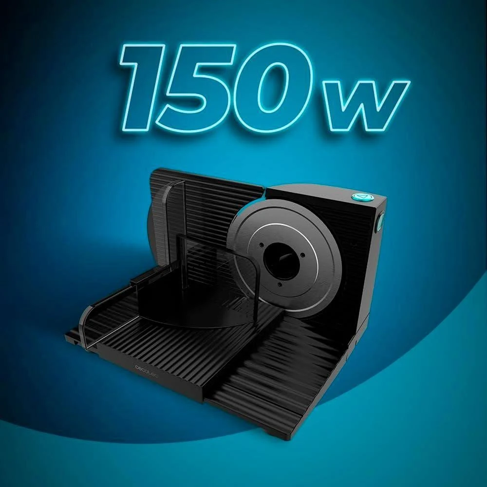 Una rebanadora negra con el texto "150w" sobre un fondo azul. La rebanadora está abierta, lista para usar.