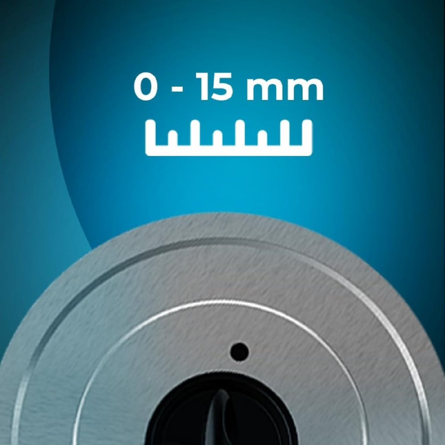 Primer plano de un dispositivo circular metálico con escala de 0-15 mm. El fondo es azul.