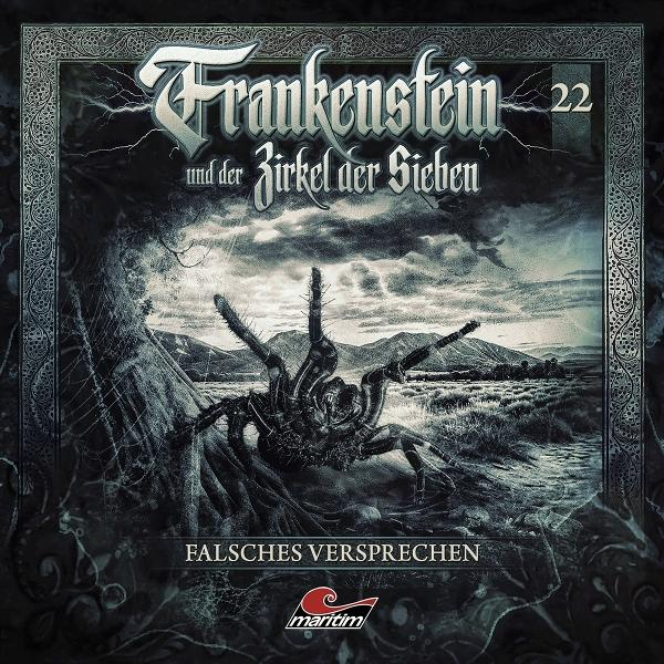 Cover: Frankenstein und der Zirkel der Sieben, Spinne, Berge, Text, 'Falsches Versprechen'. Maritim Logo.