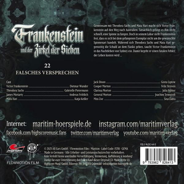 Cover für ein Frankenstein-Hörspiel. Mit Titel, Besetzung und Barcode. Dunkelgrüner Hintergrund.