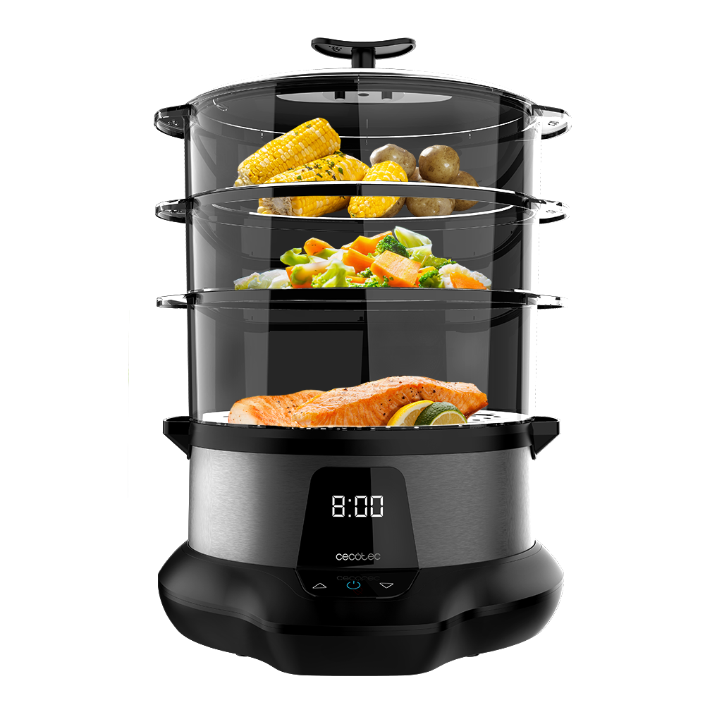Una vaporera con capas de comida que incluyen salmón, verduras, maíz y patatas. Una pantalla digital muestra la hora 8:00.
