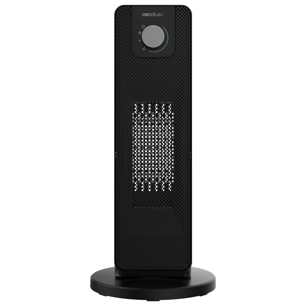 Calentador eléctrico negro con base redonda. Tiene un panel de control con dial y botones. La superficie está perforada.