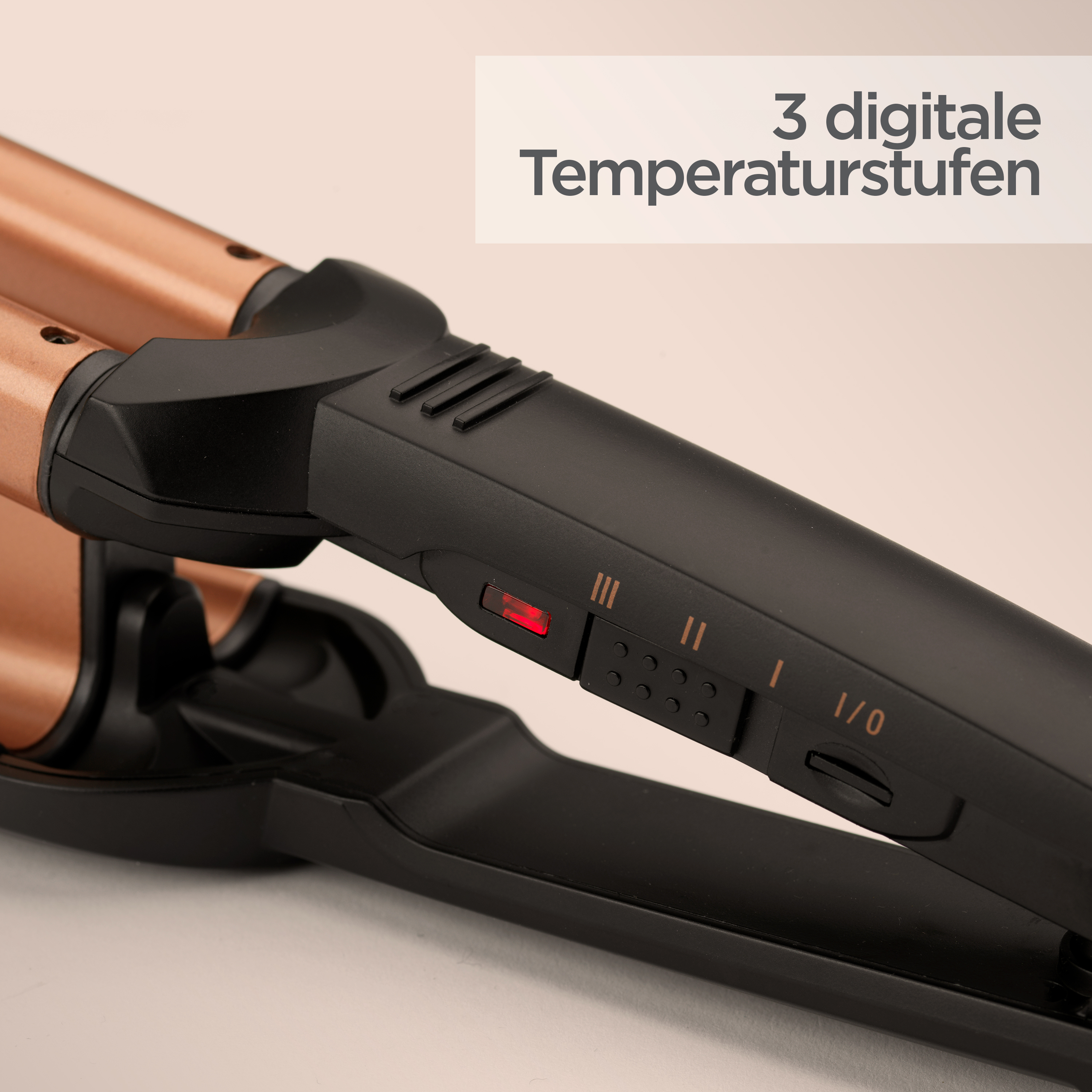 Ein schwarzes und kupferfarbenes Haarstyling-Werkzeug mit digitalen Temperatureinstellungen. Der Text lautet '3 digitale Temperaturstufen'.