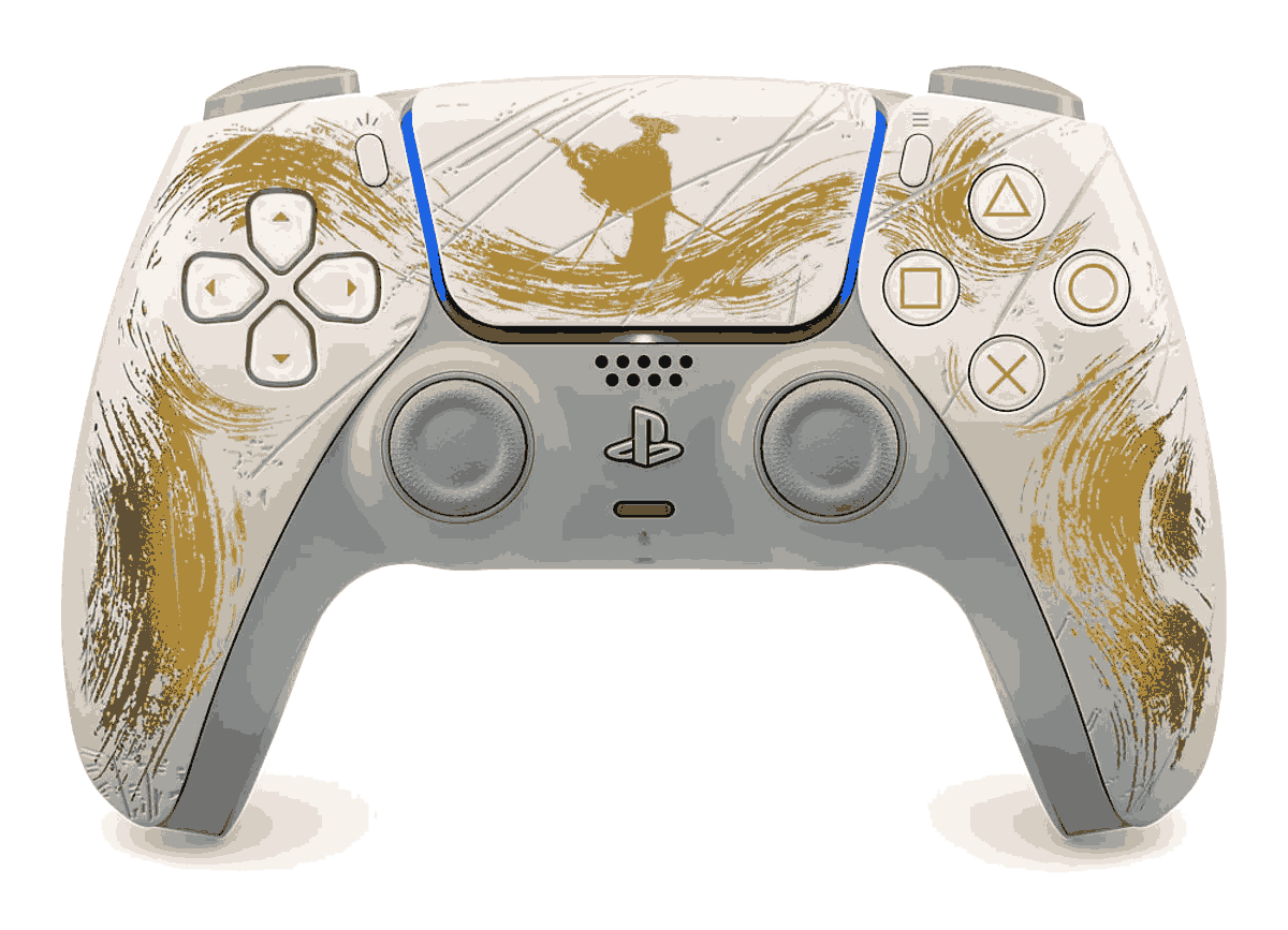 Un mando de PlayStation 5 blanco y dorado. Presenta un diseño de samurái con pinceladas doradas y un acento azul.