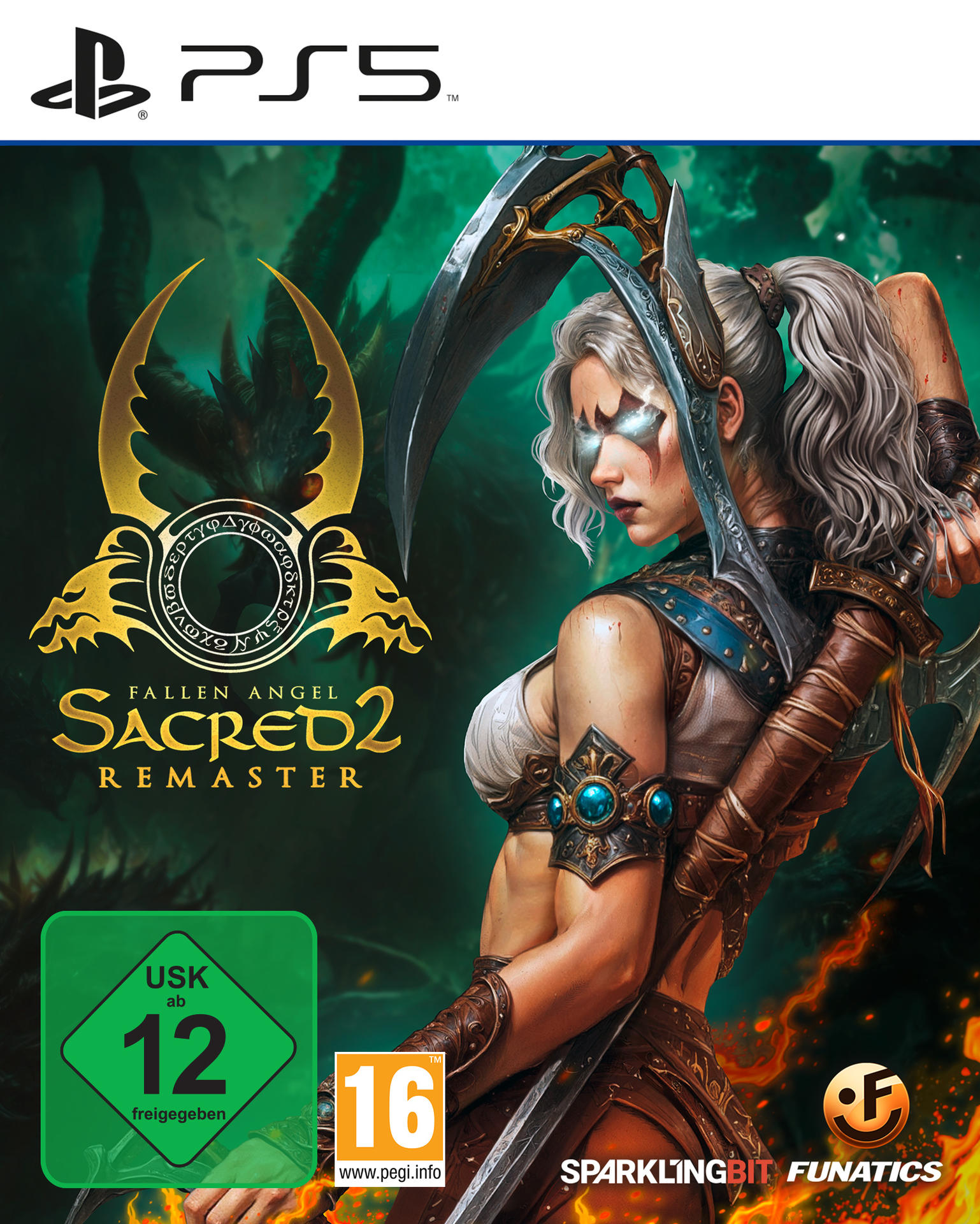 Eine Frau mit weißen Haaren hält ein Schwert. Der Spieletitel ist "Sacred 2 Remaster" mit PS5-Logo.