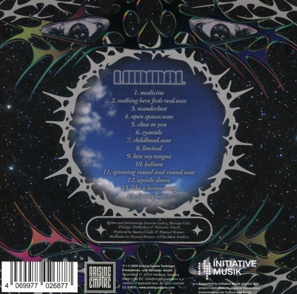 Albumcover mit kosmischem Design und Titelliste. Enthält den Bandnamen, Songtitel und Labelinformationen.