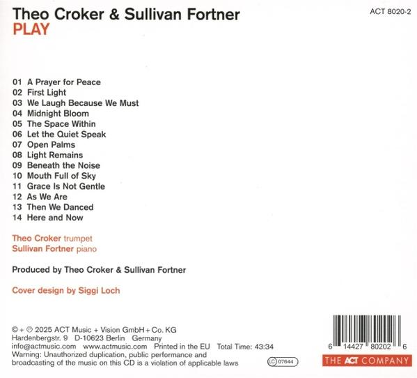 CD-Cover für 'PLAY' von Theo Croker & Sullivan Fortner. Songliste, Credits und Firmeninformationen werden angezeigt.
