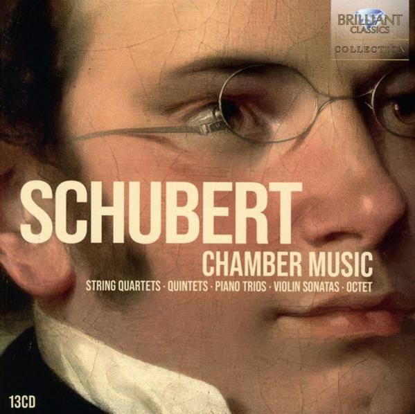 CD-Cover mit einem Porträt eines Mannes mit Brille. Der Text lautet 'SCHUBERT KAMMERMUSIK' und 'BRILLIANT CLASSICS COLLECTION'.