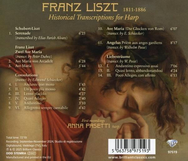 CD-Cover mit Porträt des Künstlers, Titeln von Franz Liszts Kompositionen und dem Namen von Anna Pasetti, einer Harfe und Text.