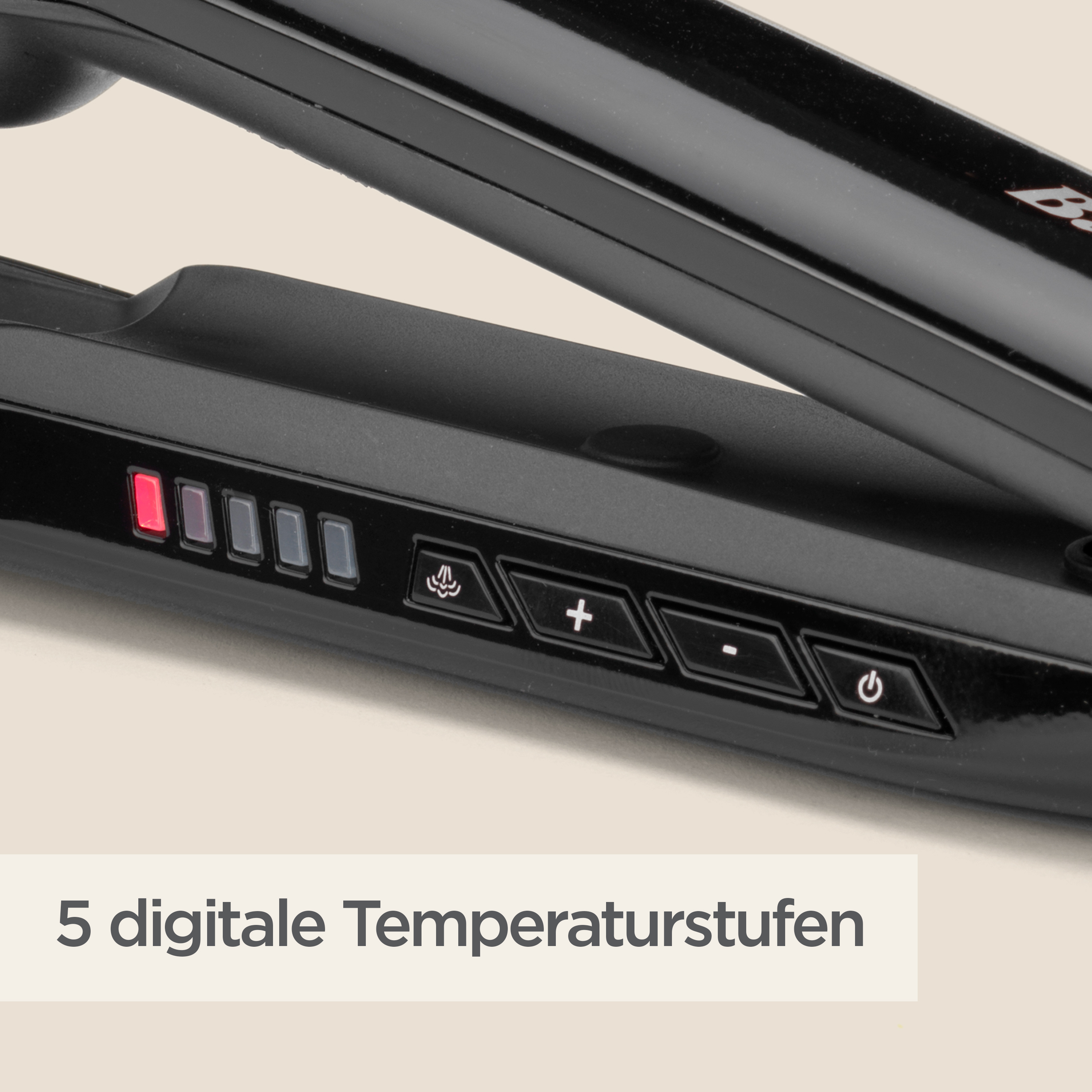 Schwarzer Haarglätter mit digitalen Temperatureinstellungen. Tasten: Ein/Aus, Temperatur, Dampf.