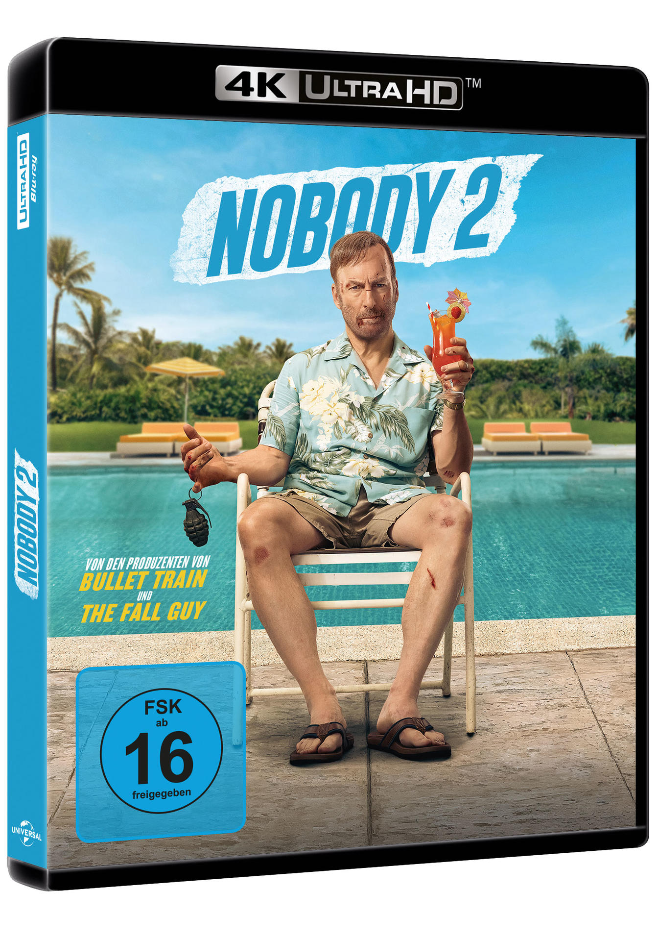 Ein Filmcover zeigt einen verletzten Mann, der einen Cocktail und eine Granate hält und in der Nähe eines Pools sitzt. Der Titel lautet 'NOBODY 2'.