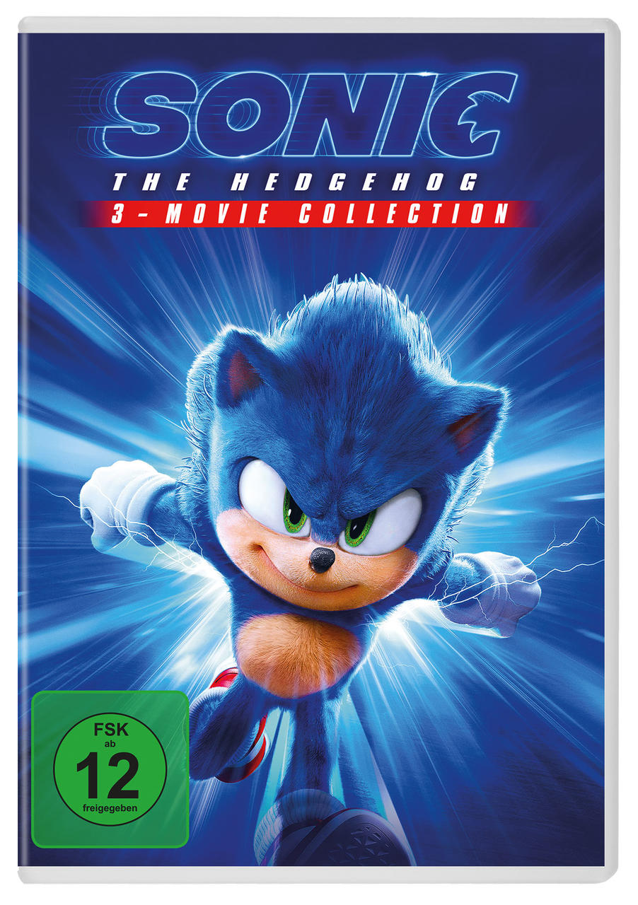 Sonic the Hedgehog-Filmcover. Blauer Igel in Bewegung, vor blauem Hintergrund mit Blitzeffekten. Grüner FSK 12-Aufkleber.