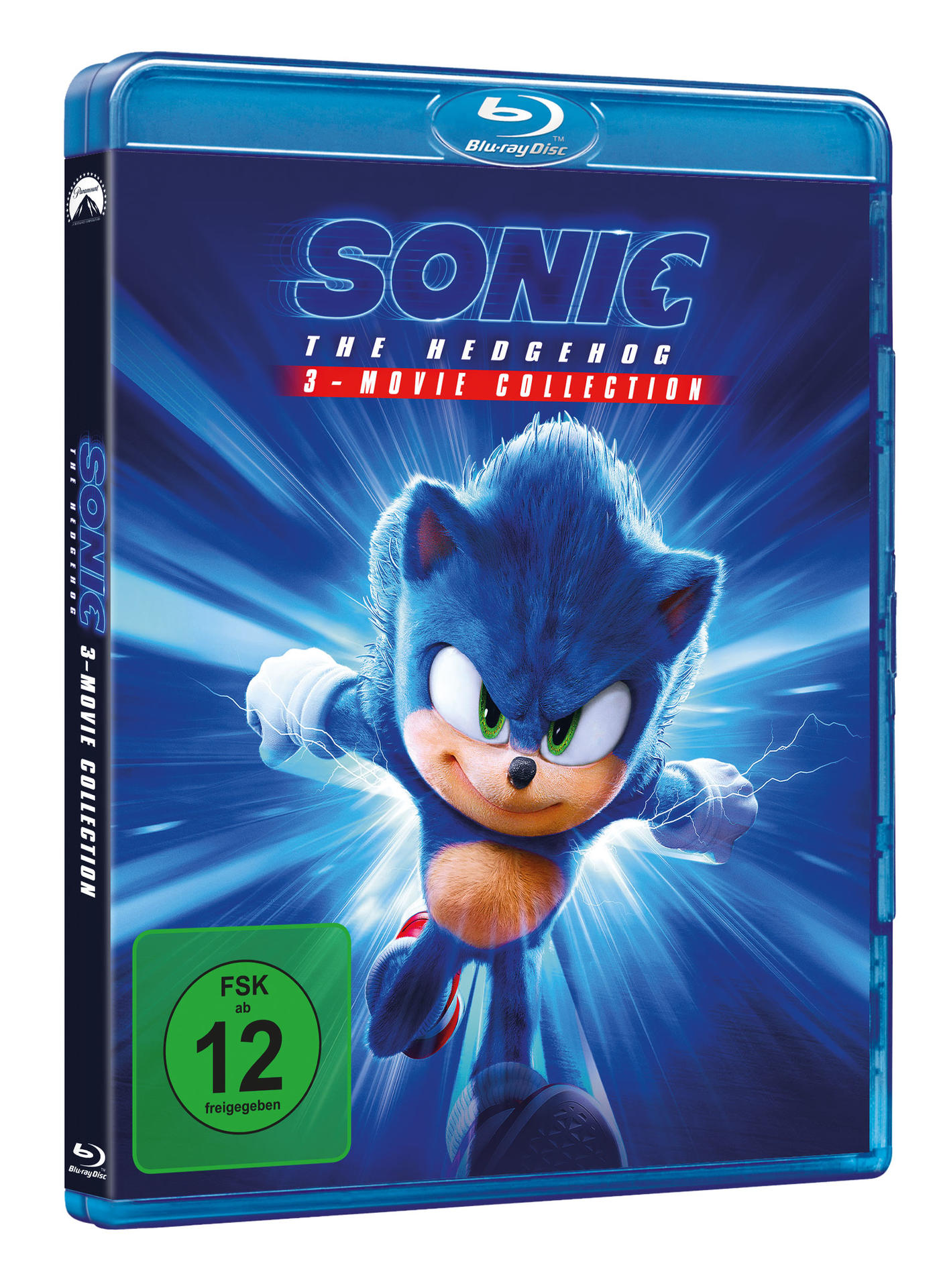 Blu-ray-Hülle für Sonic the Hedgehog-Filme. Sonic, blauer Igel, steht im Zentrum. Die Hülle ist blau, mit Titel und Bewertung.