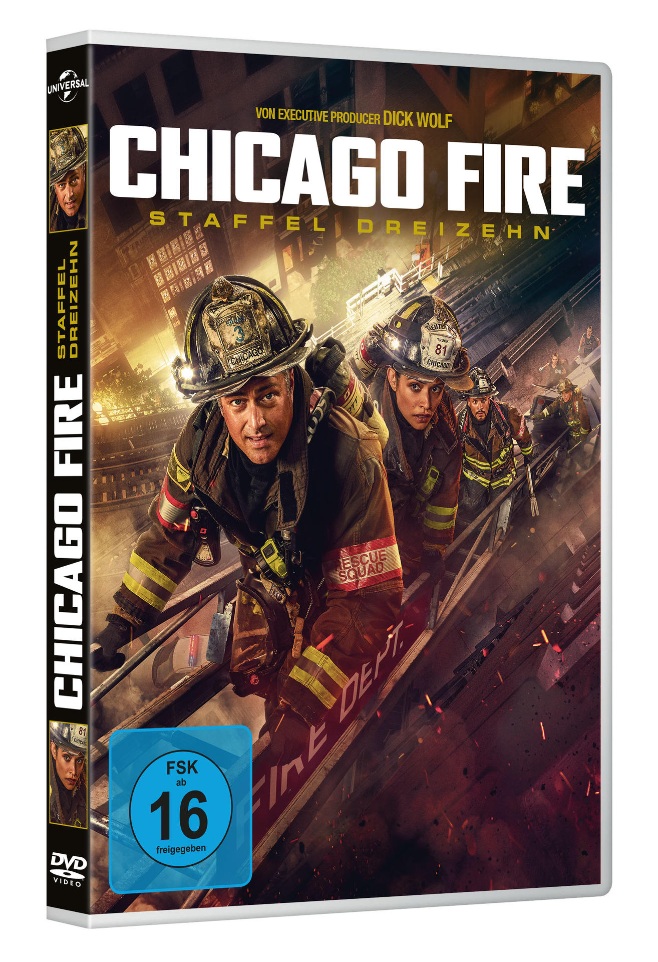 DVD-Hülle von Chicago Fire. Feuerwehrleute klettern eine Leiter hinauf. Die DVD hat eine Altersfreigabe von 16. Der Hintergrund zeigt ein brennendes Gebäude.