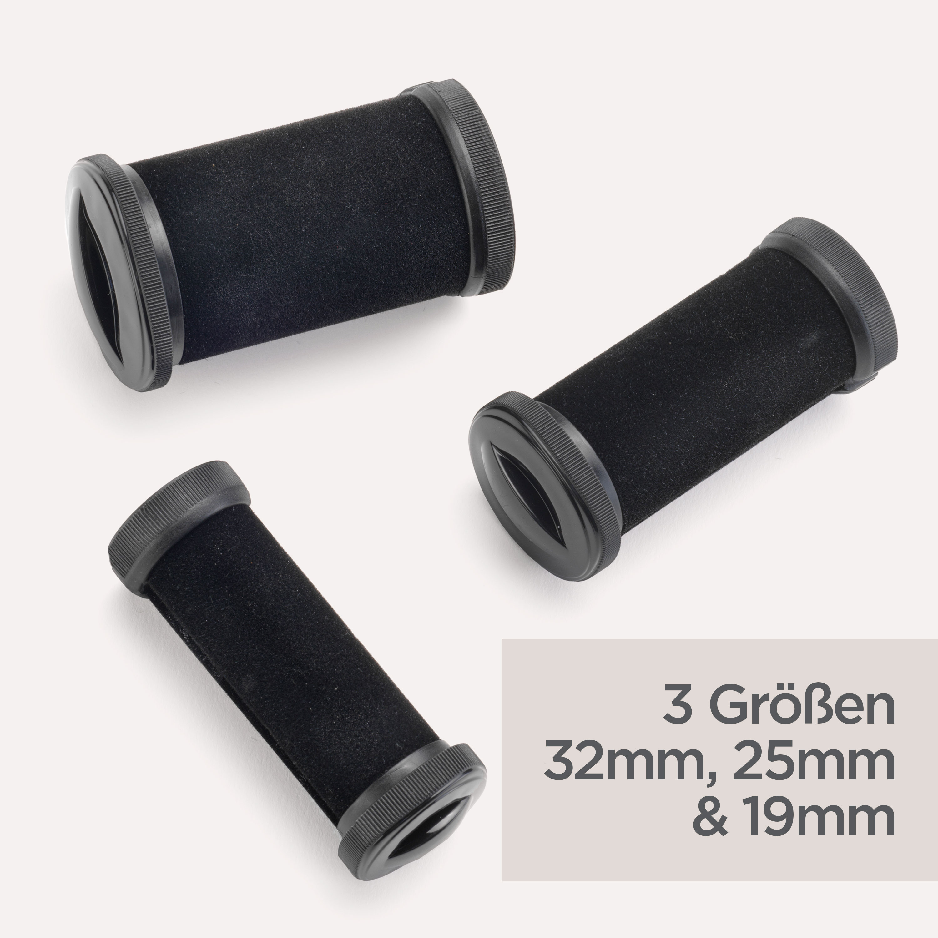 Drei schwarze zylindrische Haarroller auf weißem Hintergrund. Größen 32 mm, 25 mm und 19 mm sind angegeben.