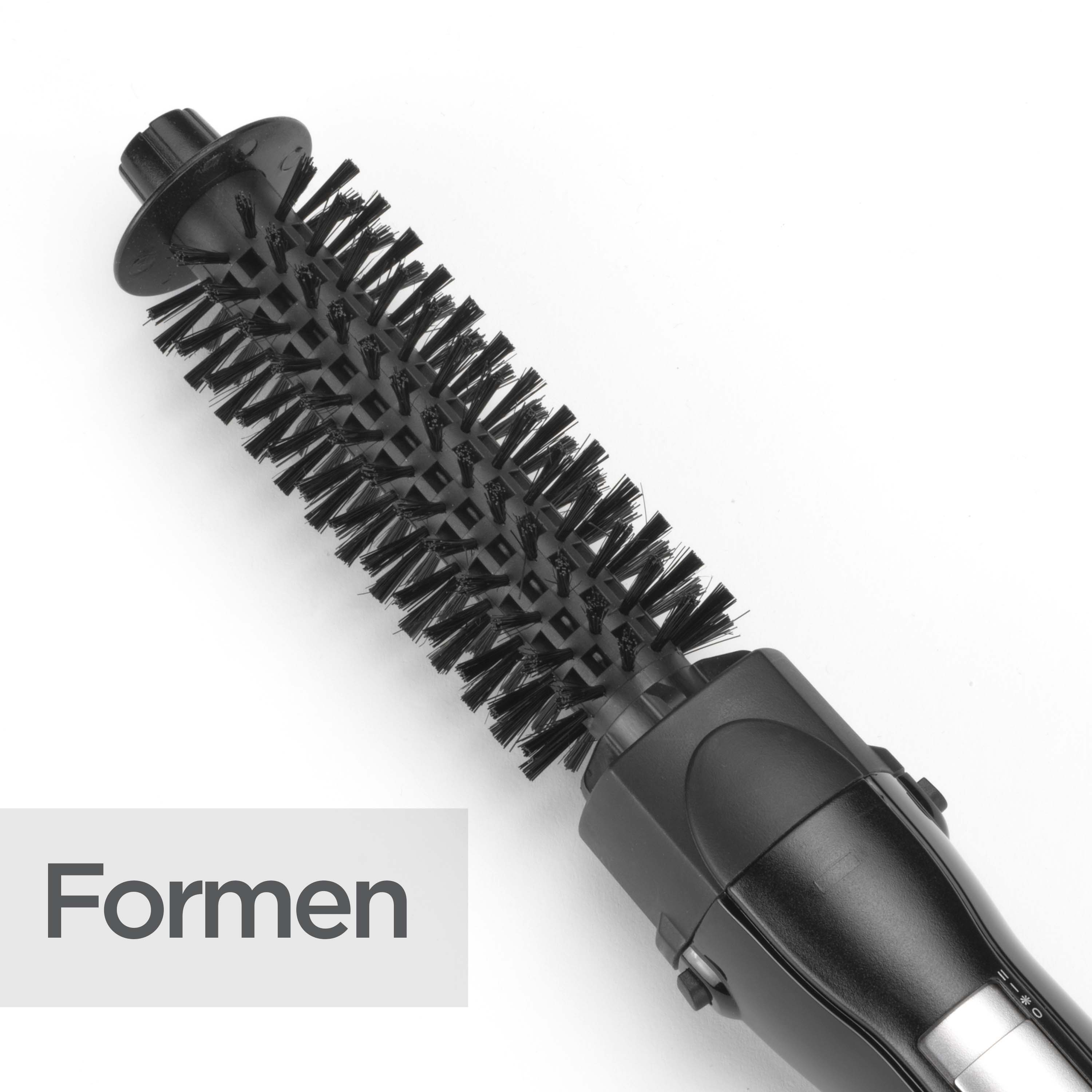 Eine schwarze Haarbürste mit Borsten auf weißem Hintergrund. Das Wort 'Formen' befindet sich in der linken Ecke.