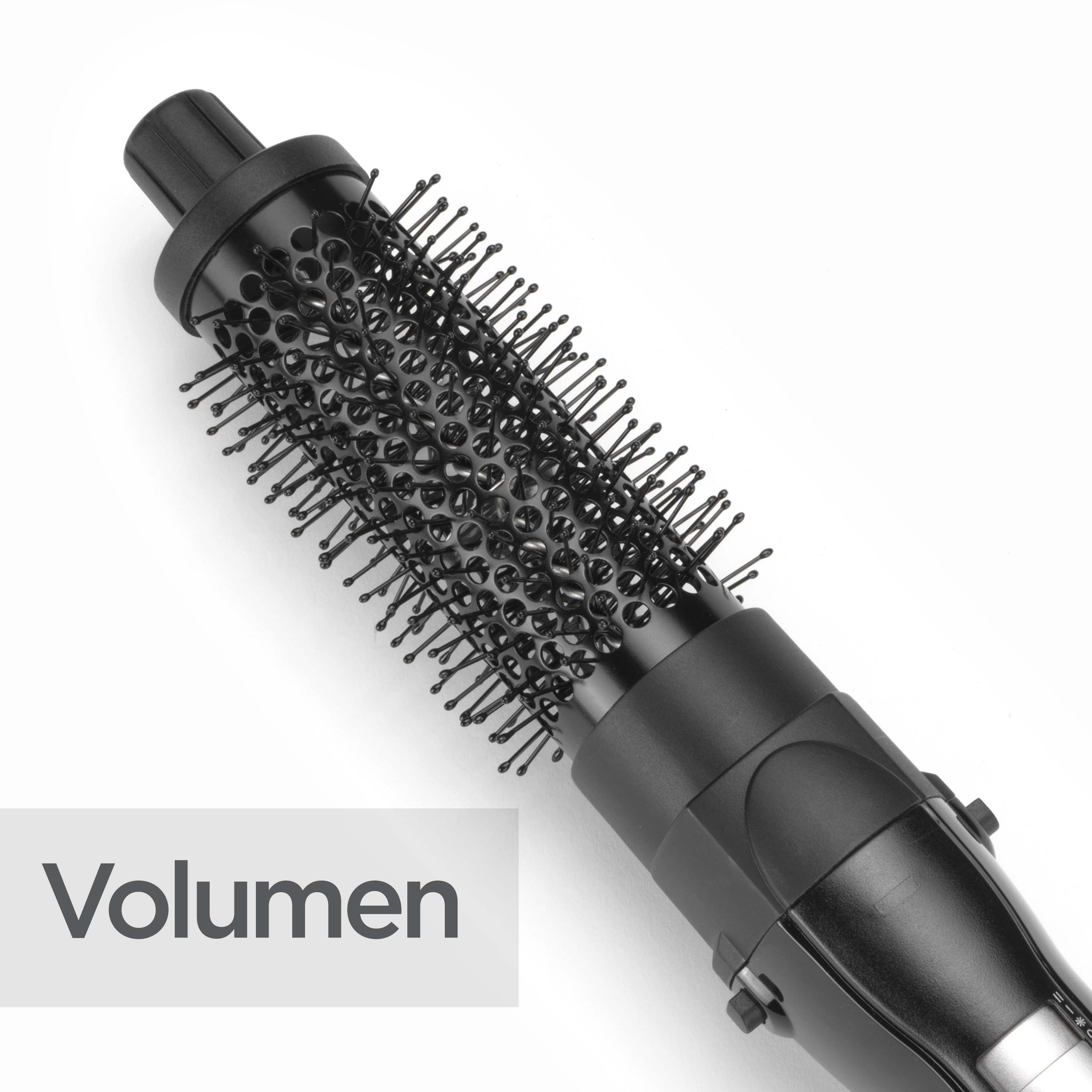Eine schwarze Haarbürste mit zylindrischem Kopf und Borsten. Das Wort 'Volumen' steht in einem hellgrauen Kasten.