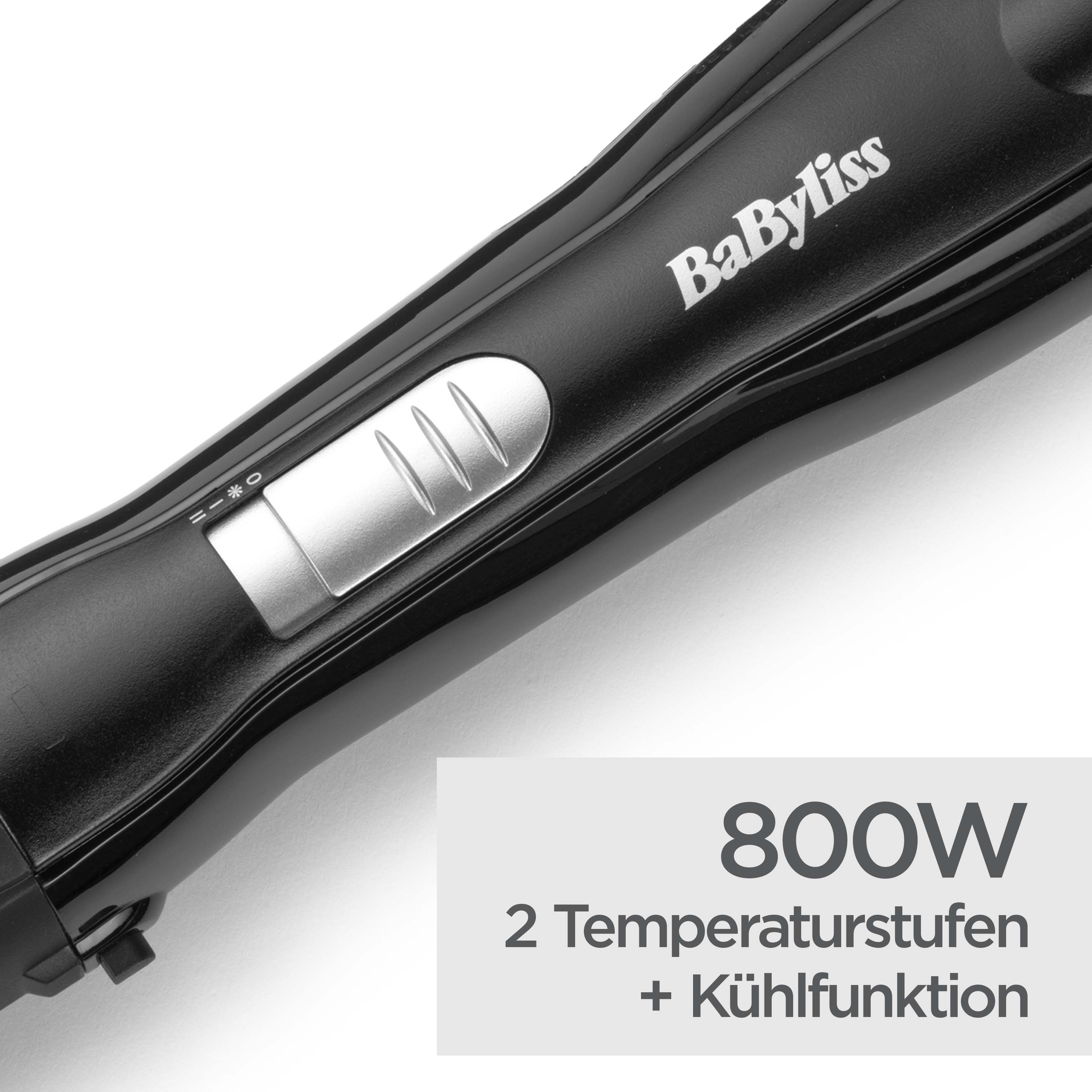 Schwarzer BaByliss-Haarstyler. Silberne Bedienelemente und Text. 800W, 2 Temperaturstufen und Kühlfunktion Text unten.