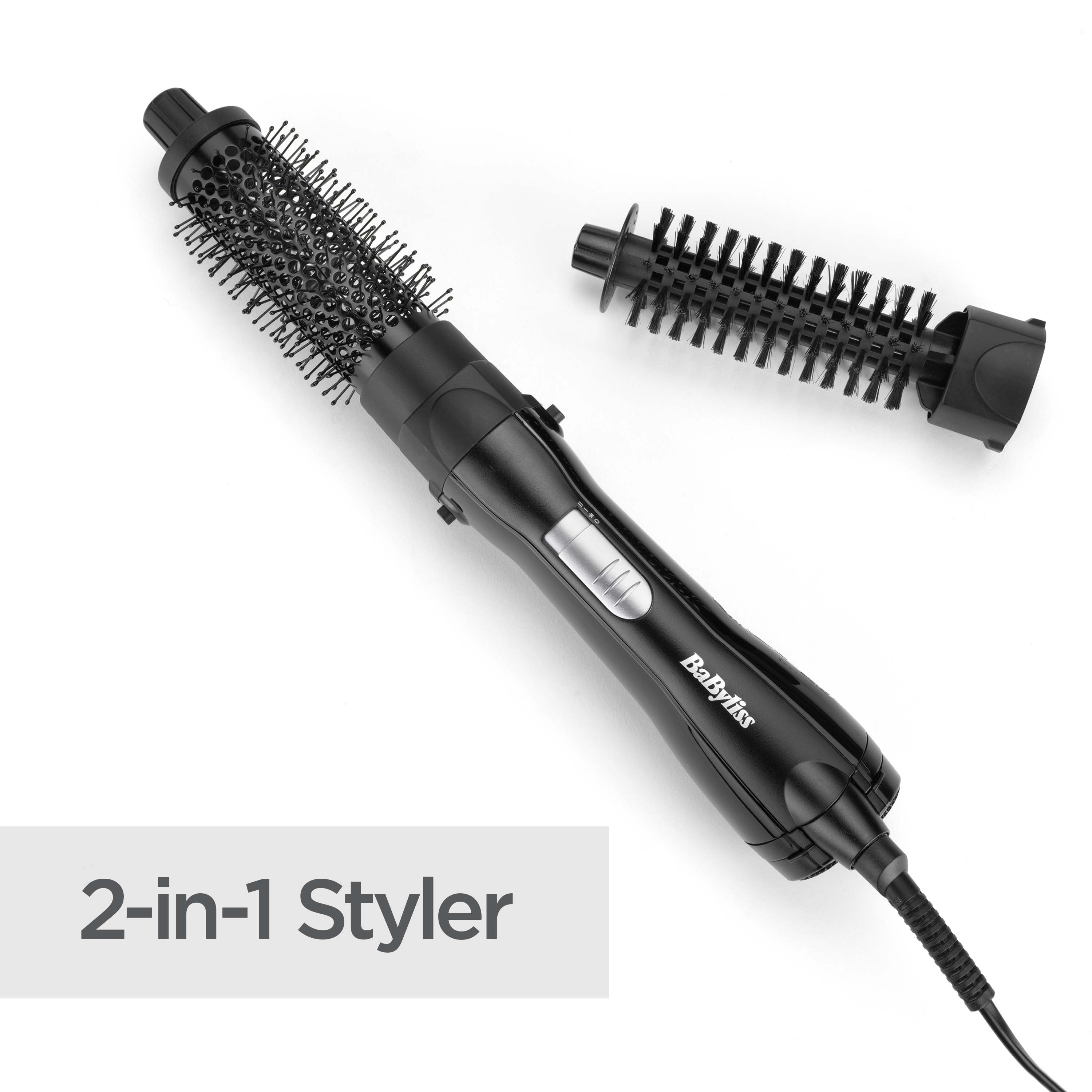 Ein schwarzer 2-in-1-Styler mit Aufsätzen auf weißem Hintergrund. Der Styler hat ein Babyliss-Logo.