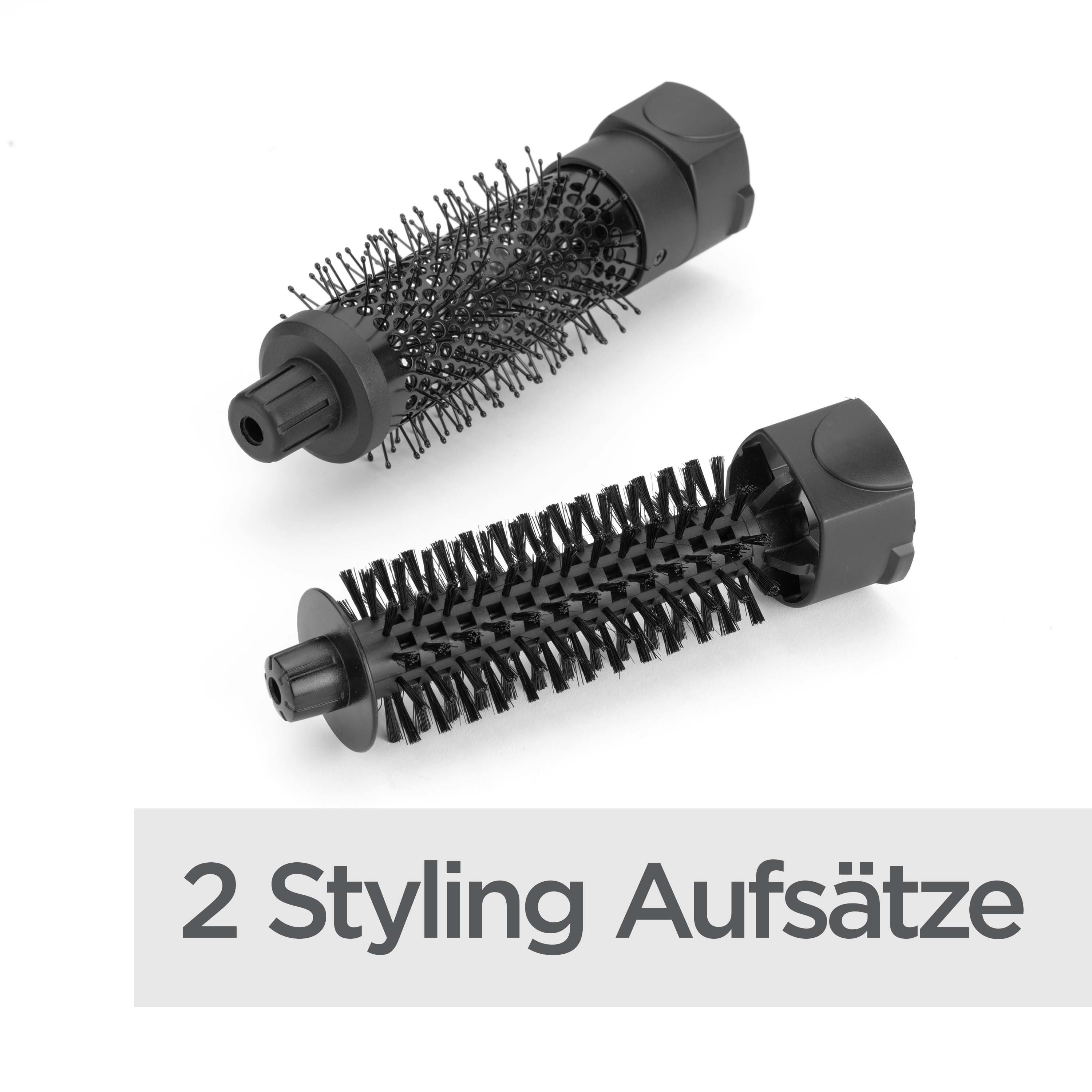 Zwei schwarze Haarstyling-Aufsätze auf weißem Hintergrund. Der Text lautet '2 Styling Aufsätze'.