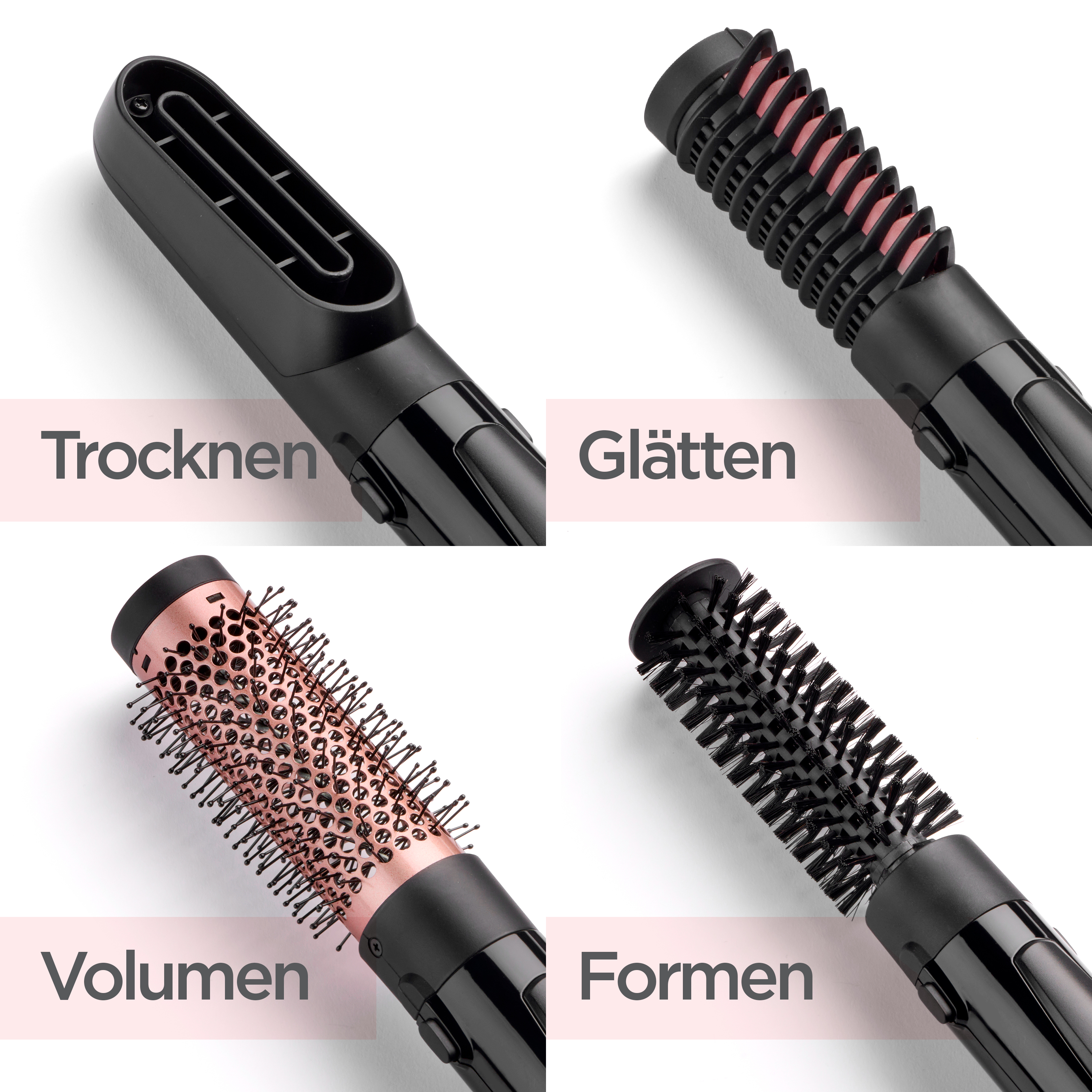 Haarstyling-Tool mit vier Aufsätzen: Trocknen, Glätten, Volumen und Formen. Jedes Teil ist schwarz und roségold.