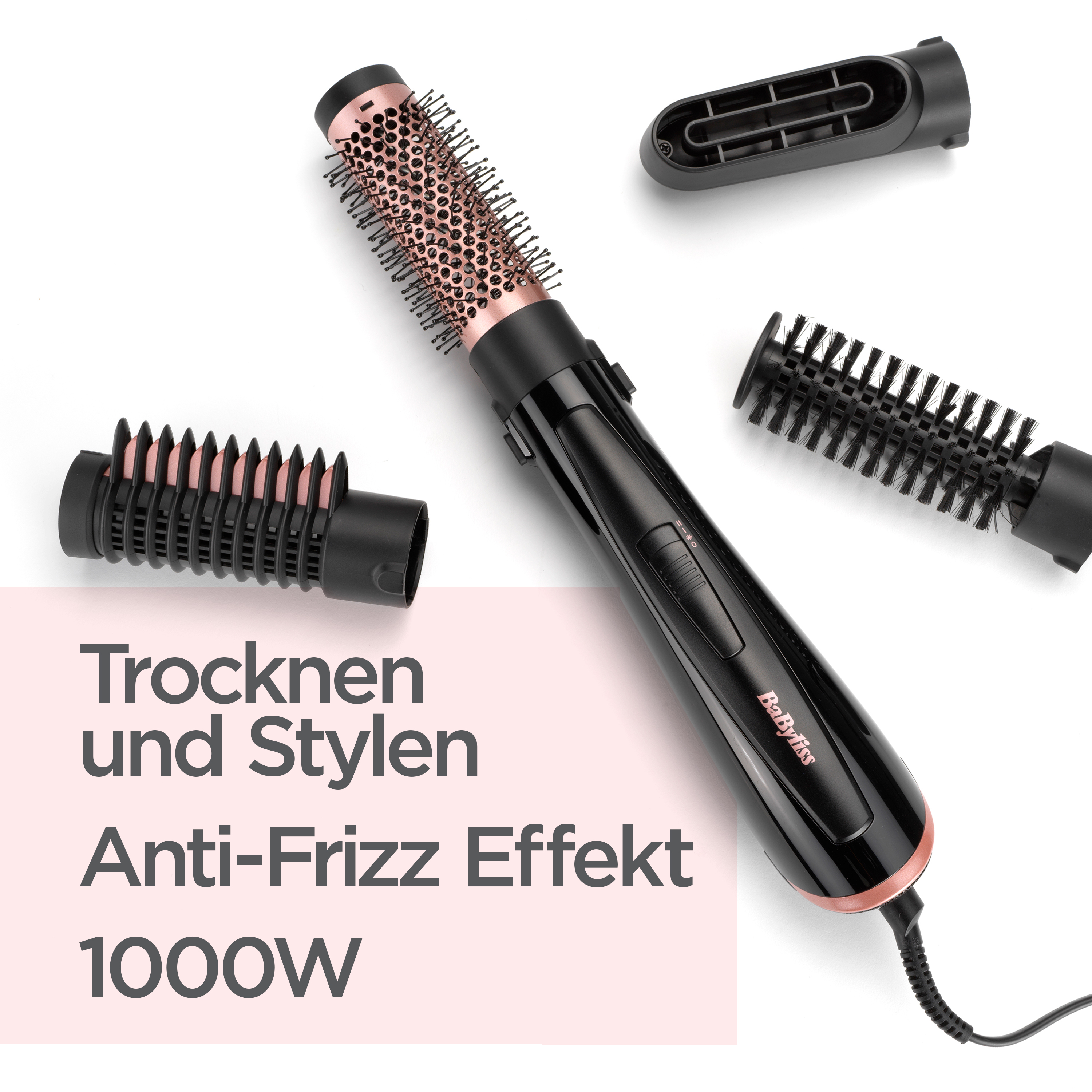 Ein schwarzer und roségoldener Babyliss-Haarstyler mit Aufsätzen auf weißem Hintergrund. Text: Trocknen und Stylen Anti-Frizz Effekt 1000W.