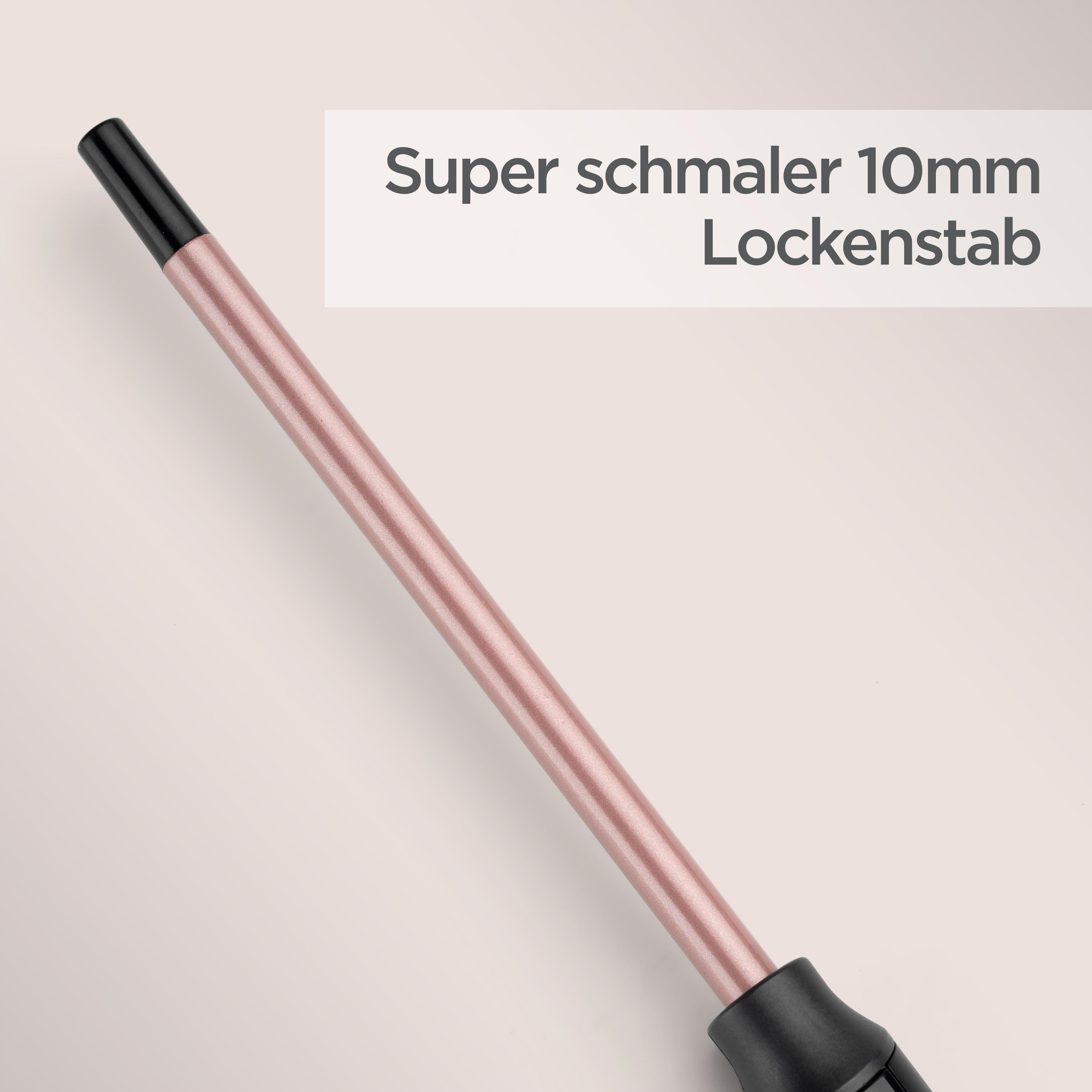Ein roségoldener Lockenstab mit schwarzem Griff ist vor einem hellen Hintergrund abgewinkelt, Text lautet 'Super schmaler 10mm Lockenstab'.
