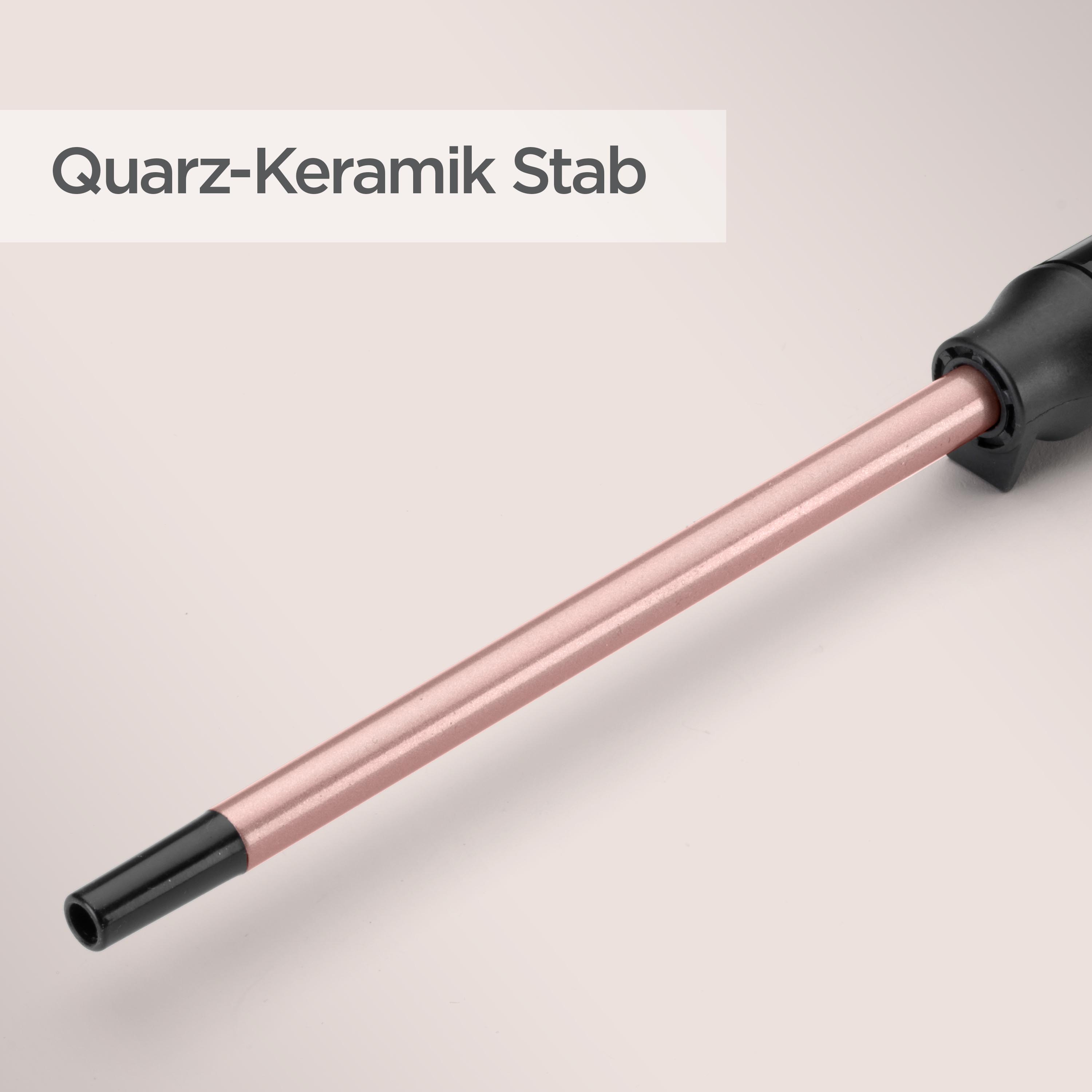 Ein Quarz-Keramik-Stab mit schwarzem Griff und Spitze. Der Stab ist rosa. Der Hintergrund ist hellbeige.
